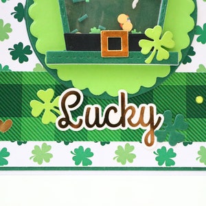 Carte shaker porte bonheur, carte St Patrick, chapeau, chance, trèfles, Carte à secouer originale, carte faite main, carterie et papeterie image 9