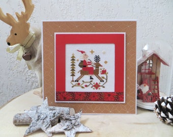 Vintage Santa Claus Card, Embroidered Christmas Card, Santa and Reindeer, Vintage Card, Handmade Card