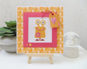 Child birthday card, Embroidered birthday card, yellow monster birthday, colorful card, modern card, 3D card, handmade card