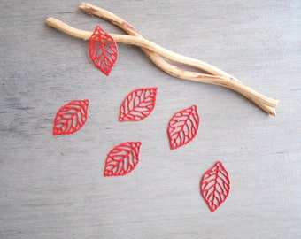 Set of 10 red enamel filigree leaf stamps