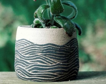 Carved Waves- Handmade Ceramic Succulent Pots Clay Pottery Planters for Succulents, Black & Natural Home Decor Indoor Plant Pot