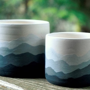 Mountain Ridges Handmade Ceramic Pottery Planter Succulent Pots with Saucer, Mountains Black White Gray Apartment Plant Indoor Home Decor image 5