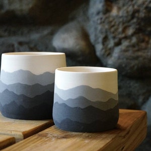 Mountain Ridges Handmade Ceramic Pottery Planter Succulent Pots with Saucer, Mountains Black White Gray Apartment Plant Indoor Home Decor image 1