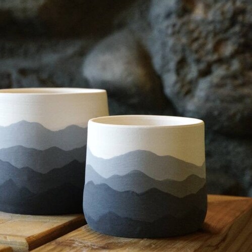 Mountain Ridges - Handmade Ceramic Pottery Planter Succulent Pots with Saucer, Mountains Black White Gray Apartment Plant Indoor Home Decor