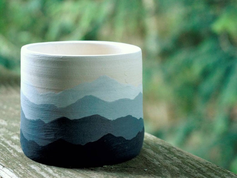 Mountain Ridges Handmade Ceramic Pottery Planter Succulent Pots with Saucer, Mountains Black White Gray Apartment Plant Indoor Home Decor image 8