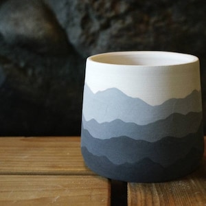 Mountain Ridges Handmade Ceramic Pottery Planter Succulent Pots with Saucer, Mountains Black White Gray Apartment Plant Indoor Home Decor image 4