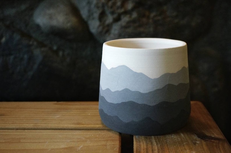 Mountain Ridges Handmade Ceramic Pottery Planter Succulent Pots with Saucer, Mountains Black White Gray Apartment Plant Indoor Home Decor image 4