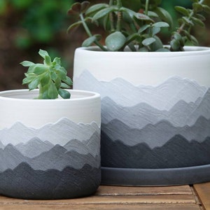 Mountain Ridges - Handmade Ceramic Pottery Planter Succulent Pots with Saucer, Mountains Black White Gray Apartment Plant Indoor Home Decor