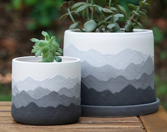 Mountain Ridges - Handmade Ceramic Pottery Planter Succulent Pots with Saucer, Mountains Black White Gray Apartment Plant Indoor Home Decor