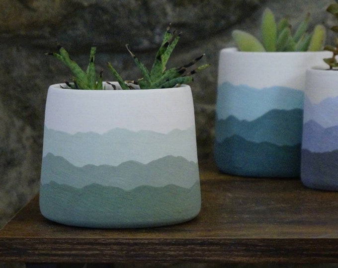 Green Mountain Ridges - Handmade Ceramic Pottery Planter Succulent Pots with Saucer, Mountains Green White Apartment Plant Indoor Home Decor