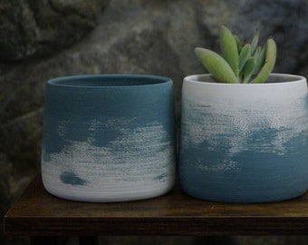 Teal & White Fade Set - Handmade Ceramic Succulent Pots Clay Pottery Planters for Succulents, Blue and White Indoor Plant Pot with Saucer