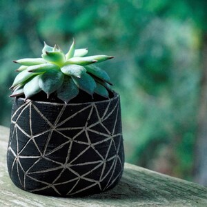 Triangles sculptés Pots de plantes succulentes en céramique faits à la main Pots de poterie en argile, pots de cactus pour plantes succulentes, pot de plante en céramique d'intérieur à décor noir image 6