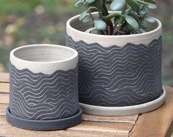 Carved Waves- Handmade Ceramic Succulent Pots Clay Pottery Planters for Succulents, Black & Natural Home Decor Indoor Plant Pot