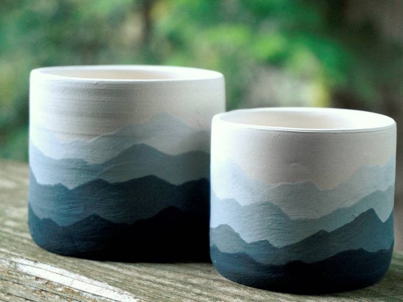 Mountain Ridges Handmade Ceramic Pottery Planter Succulent Pots with Saucer, Mountains Black White Gray Apartment Plant Indoor Home Decor image 5