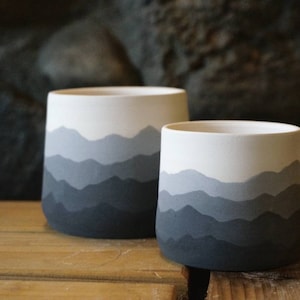 Mountain Ridges Handmade Ceramic Pottery Planter Succulent Pots with Saucer, Mountains Black White Gray Apartment Plant Indoor Home Decor image 10