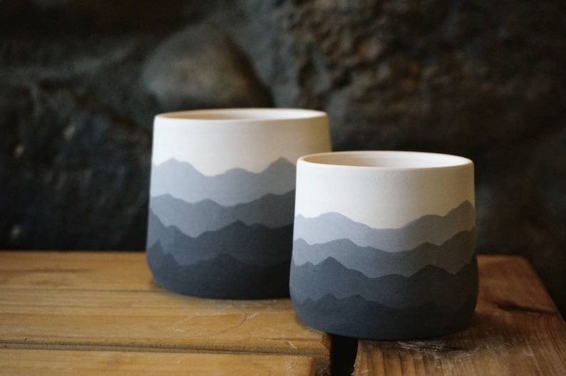 Mountain Ridges Handmade Ceramic Pottery Planter Succulent Pots with Saucer, Mountains Black White Gray Apartment Plant Indoor Home Decor image 10