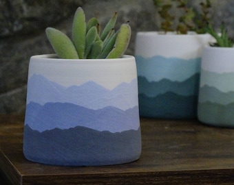 Purple Mountain Ridges - Handmade Ceramic Pottery Planter Succulent Pots with Saucer, Mountains Pink White Apartment Plant Indoor Home Decor