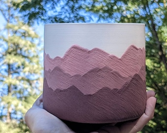 Pink Mountain Ridges - Handmade Ceramic Pottery Planter Succulent Pots with Saucer, Mountains Red White Apartment Plant Indoor Home Decor