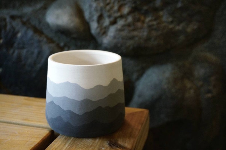 Mountain Ridges Handmade Ceramic Pottery Planter Succulent Pots with Saucer, Mountains Black White Gray Apartment Plant Indoor Home Decor image 2