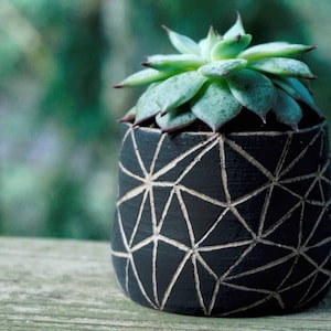 Triangles sculptés Pots de plantes succulentes en céramique faits à la main Pots de poterie en argile, pots de cactus pour plantes succulentes, pot de plante en céramique d'intérieur à décor noir image 1