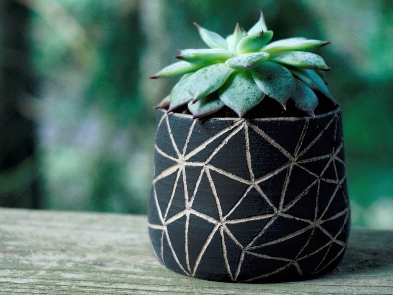 Triangles sculptés Pots de plantes succulentes en céramique faits à la main Pots de poterie en argile, pots de cactus pour plantes succulentes, pot de plante en céramique d'intérieur à décor noir image 1