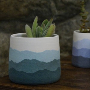 Teal Mountain Ridges - Handmade Ceramic Pottery Planter Succulent Pots with Saucer, Mountains Blue White Apartment Plant Indoor Home Decor