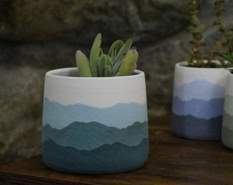 Teal Mountain Ridges - Handmade Ceramic Pottery Planter Succulent Pots with Saucer, Mountains Blue White Apartment Plant Indoor Home Decor