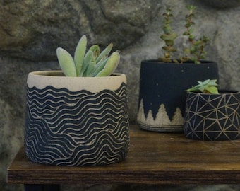 Carved Waves- Handmade Ceramic Succulent Pots Clay Pottery Planters for Succulents, Black & Natural Home Decor Indoor Plant Pot