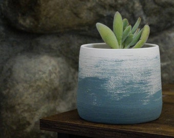 Teal & White Fade - Handmade Ceramic Succulent Pots Clay Pottery Planters for Succulents, Ombre Gradient Home Decor Indoor Plant Pot