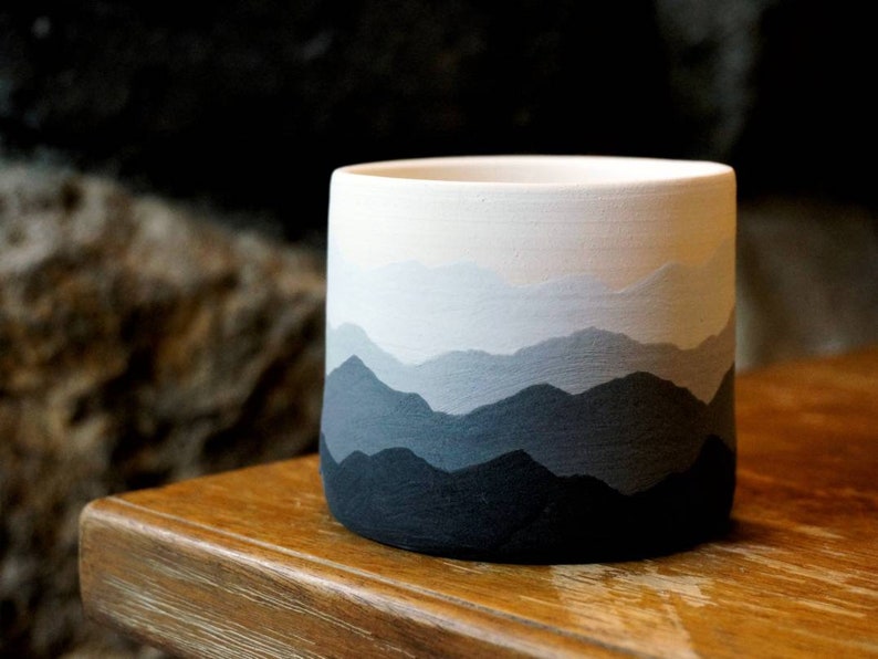 Mountain Ridges Handmade Ceramic Pottery Planter Succulent Pots with Saucer, Mountains Black White Gray Apartment Plant Indoor Home Decor image 9