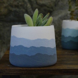 Blue Mountain Ridges - Handmade Ceramic Pottery Planter Succulent Pots with Saucer, Mountains Blues White Apartment Plant Indoor Home Decor