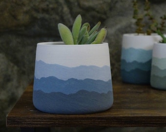 Blue Mountain Ridges - Handmade Ceramic Pottery Planter Succulent Pots with Saucer, Mountains Blues White Apartment Plant Indoor Home Decor