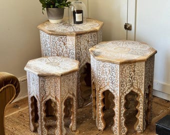 Octagonal Indian Side Table Set – Hand-painted White Floral