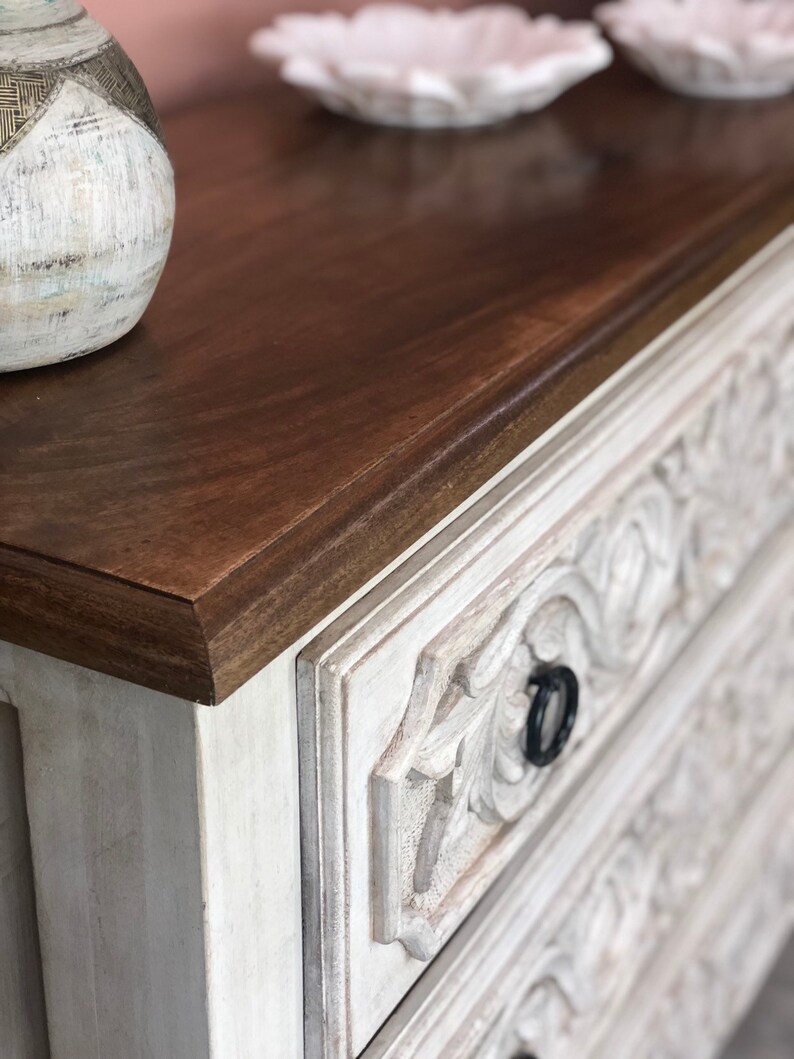 White Washed 3 Drawers Carved Chest of Drawers Made From Mango Etsy UK