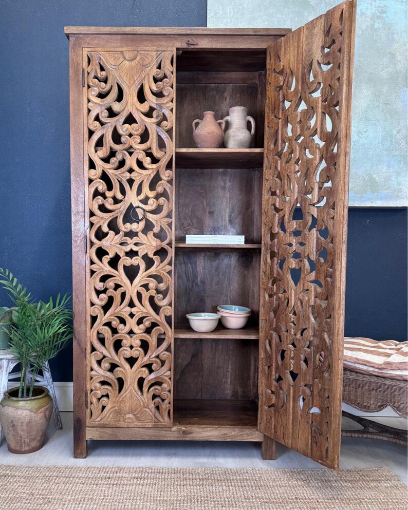 Handcarved Mango Wood Armoire Natural Polished Finish Etsy UK