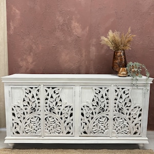 Carved mango wood sideboard whitewashed