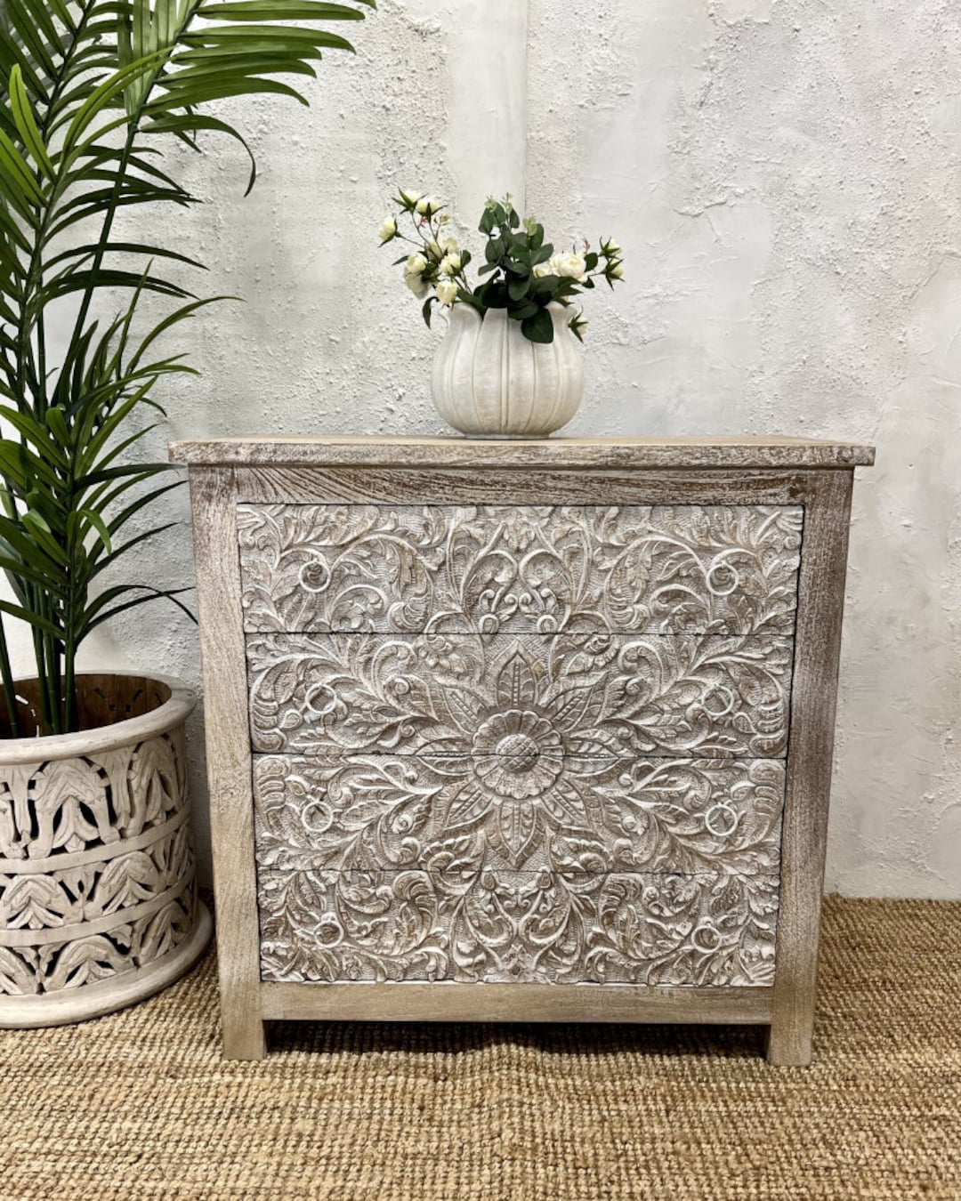 Handcarved Mango Wood 4 Drawer Chest of Drawers Etsy UK