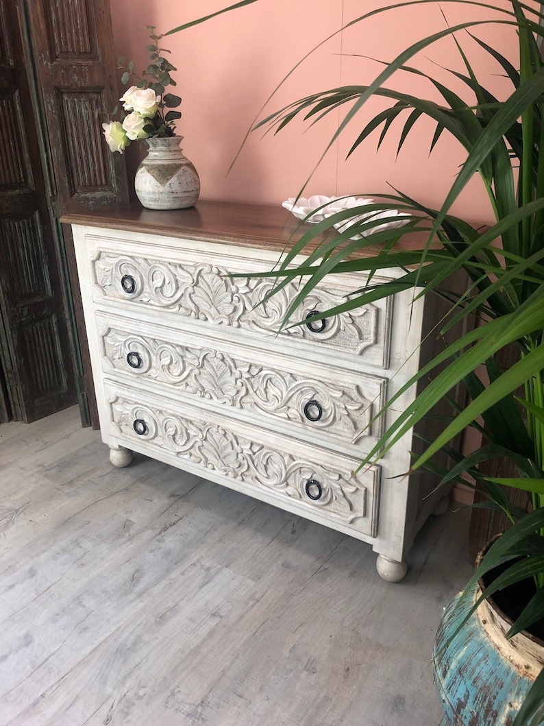 White Washed 3 Drawers Carved Chest of Drawers Made From Mango Etsy UK