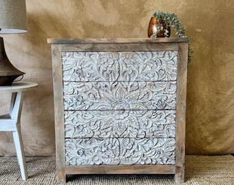 Hand-Carved Mango Wood Chest of Drawers – Whitewashed Floral Design