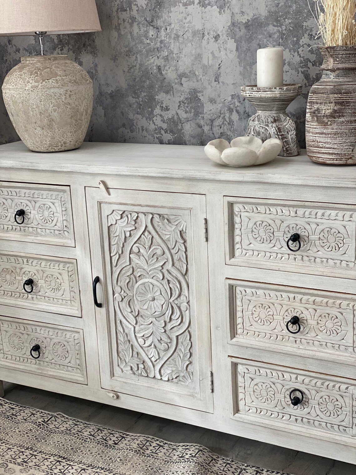 Carved Mango Wood Sideboard Whitewashed Etsy