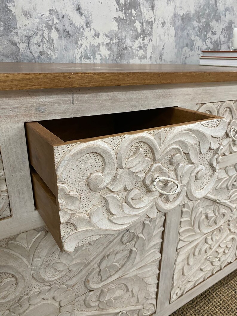 Carved Mango Wood Chest of Drawers in White Washed Etsy