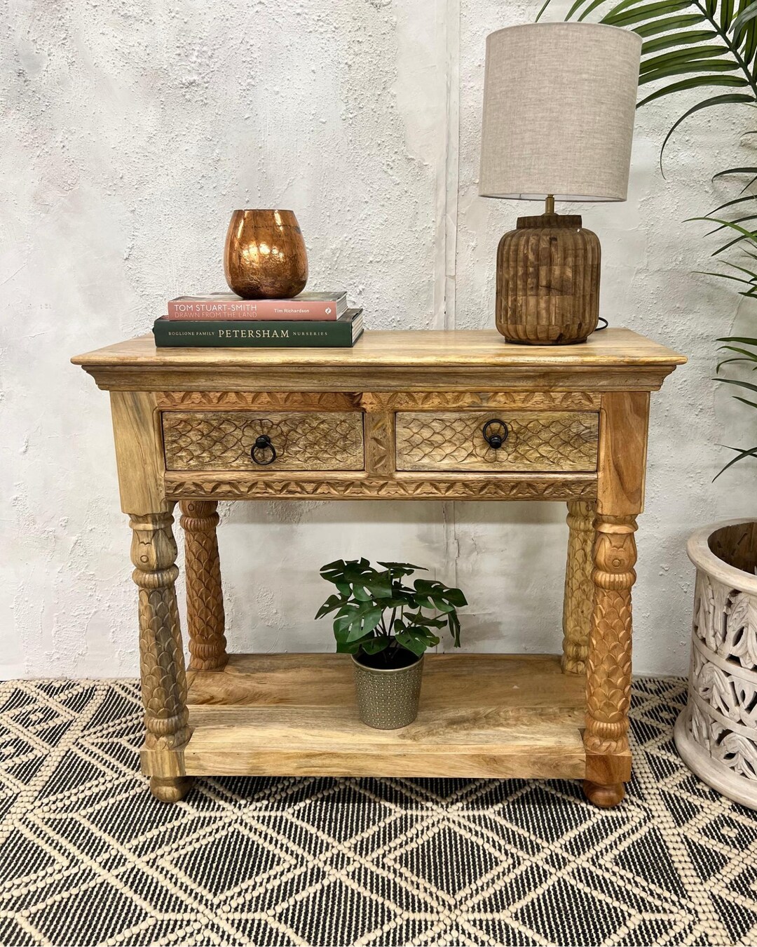 Hand-carved Mango Wood Console Table – Polished Finish With Two Drawers ...