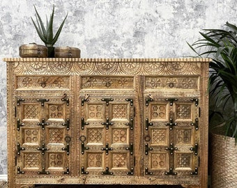 Intricately Carved Polished Indian Sideboard with Brass Detailing