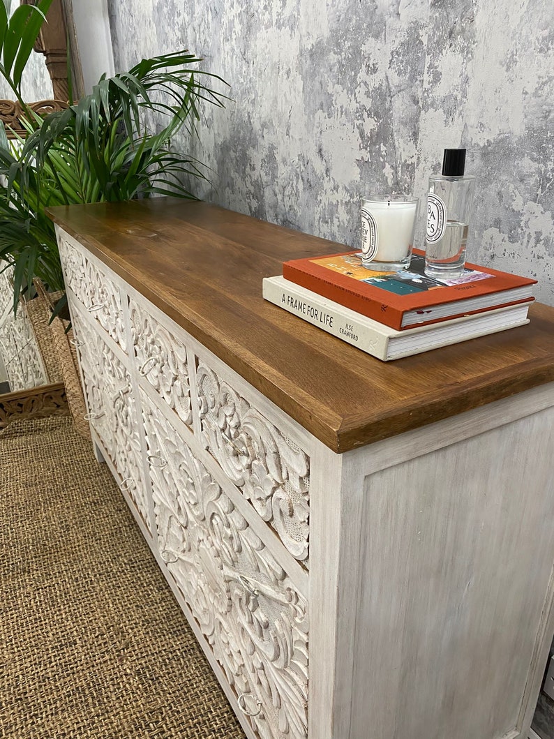 Carved Mango Wood Chest of Drawers in White Washed Etsy