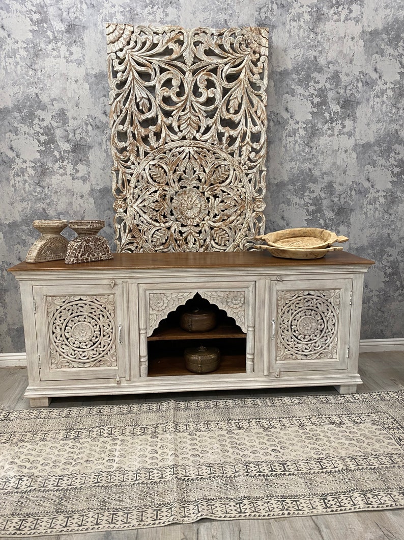 Carved Tv Made From Mango Wood White Washed Etsy UK