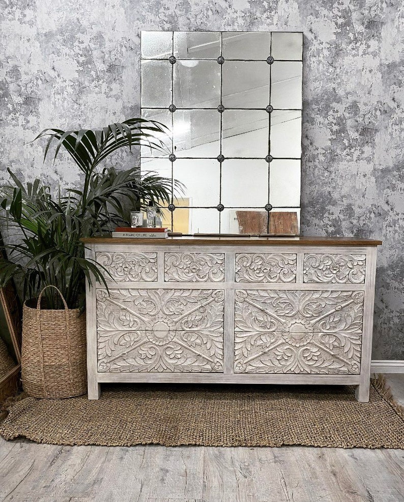 Carved Mango Wood Chest of Drawers in White Washed Etsy UK