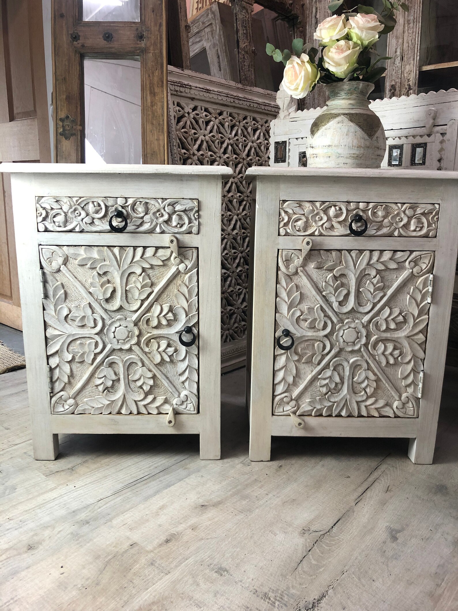 Pair of carved bedside tables Etsy