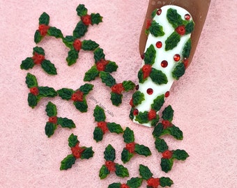 Nail Art Acrylic 3D Holly Leaves Berries Christmas | xmas | Festive | Nail Art | Nail Charms | Nail Decoration | red white snow