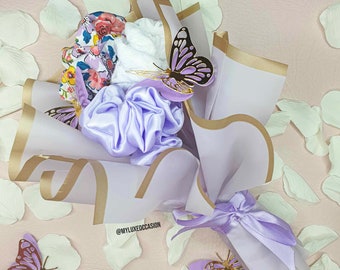 Mothers Day Scrunchie Bouquet, Mothers Day Gift, Lilac Scrunchie, Satin, Velvet, Cotton, Hair Accessories, Butterfly Gift, Floral, Lilac