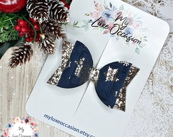 Christmas velvet bow, Navy and gold bow, Christmas hair bow, hair accessories, hair clips, festive hair slides, stocking filler for toddlers